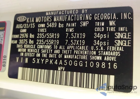 2016 Kia Sorento 3.3L Sx z USA, uszkodzony, nr VIN 5XYPK4A50GG109816